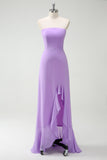 Bow Strapless A Line Purple Bridesmaid Dress with Slit