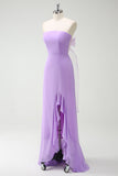 Bow Strapless A Line Purple Bridesmaid Dress with Slit