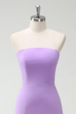 Bow Strapless A Line Purple Bridesmaid Dress with Slit