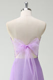 Bow Strapless A Line Purple Bridesmaid Dress with Slit