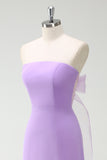 Bow Strapless A Line Purple Bridesmaid Dress with Slit