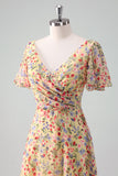 Yellow Flower Printed Chiffon A Line V neck Short Sleeves Bridesmaid Dress