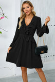 Black Ruffle Bell Long Sleeves A Line Cocktail Dress with Belt