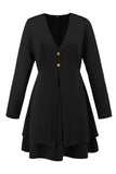 Black A Line Long Sleeves V Neck Buttons Short Party Dress