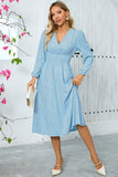 Sparkly Sky Blue A Line Sequins Long Sleeves V Neck Tea Length Wedding Guest Dress