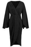 Black V Neck Asymmetrical Midi Dress with Sleeves