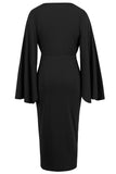 Black V Neck Asymmetrical Midi Dress with Sleeves