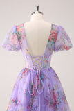 Purple A-Line V Neck Corset Short Floral Mini Dress with Lace Up Back