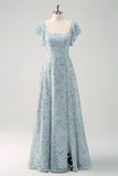 Grey Green A Line Square Neck Floral Floor Length Dress with Ruffles