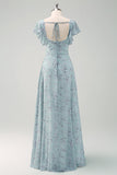 Grey Green A Line Square Neck Floral Floor Length Dress with Ruffles