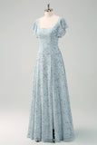 Grey Green A Line Square Neck Floral Maxi Dress with Ruffles