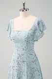 Grey Green A Line Square Neck Floral Floor Length Dress with Ruffles