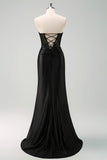 Black Corset Strapless Satin Mermaid Maxi Dress