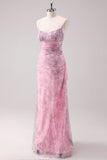 Pink Floral Spaghetti Straps Sheath Long Prom Dress