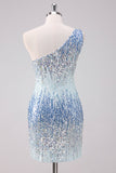 Sparkly Light Blue One Shoulder Sequins Bodycon Mini Dress