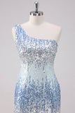 Sparkly Light Blue One Shoulder Sequins Bodycon Mini Dress