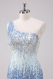 Sparkly Light Blue One Shoulder Sequins Bodycon Mini Dress