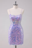 Sparkly Purple Bodycon Spaghetti Straps Sequins Mini Dress