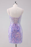 Sparkly Purple Bodycon Spaghetti Straps Sequins Mini Dress