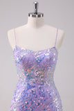 Sparkly Purple Bodycon Spaghetti Straps Sequins Mini Dress