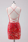 Glitter Red Spaghetti Straps Sequins Bodycon Mini Dress