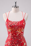 Glitter Red Spaghetti Straps Sequins Bodycon Mini Dress