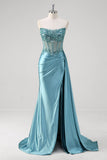 Grey Blue Strapless Sequined Corset Mermaid Prom Dress with Slit