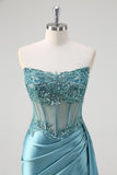 Grey Blue Strapless Sequined Corset Mermaid Prom Dress with Slit