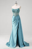 Grey Blue Strapless Sequined Corset Mermaid Prom Dress with Slit