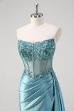 Grey Blue Strapless Sequined Corset Mermaid Prom Dress with Slit