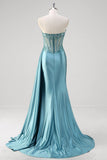 Grey Blue Strapless Sequined Corset Mermaid Prom Dress with Slit