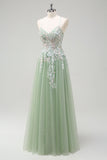 Sage A Line Tulle Applique Prom Dress with Lace-up Back