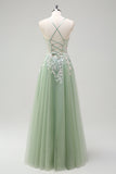 Sage A Line Tulle Applique Prom Dress with Lace-up Back