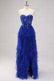 Royal Blue Sequined Tulle Sweetheart Sheath Prom Dress with Slit