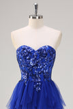 Royal Blue Sequined Tulle Sweetheart Sheath Prom Dress with Slit