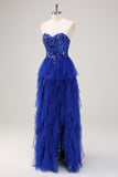 Royal Blue Sequined Tulle Sweetheart Sheath Prom Dress with Slit