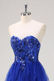 Royal Blue Sequined Tulle Sweetheart Sheath Prom Dress with Slit