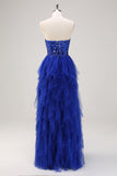 Royal Blue Sequined Tulle Sweetheart Sheath Prom Dress with Slit