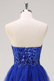 Royal Blue Sequined Tulle Sweetheart Sheath Prom Dress with Slit