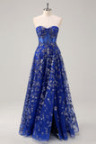 Sparkly Royal Blue Sweetheart Corset Prom Dress with Slit