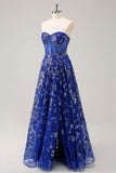 Sparkly Royal Blue Sweetheart Corset Prom Dress with Slit