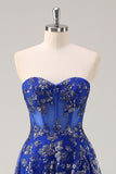 Sparkly Royal Blue Sweetheart Corset Prom Dress with Slit