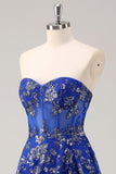 Sparkly Royal Blue Sweetheart Corset Prom Dress with Slit