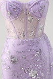 Sparkly Light Purple Corset Mermaid Strapless Prom Dress with Slit