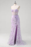 Sparkly Light Purple Corset Mermaid Strapless Prom Dress with Slit