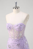 Sparkly Light Purple Corset Mermaid Strapless Prom Dress with Slit