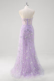 Sparkly Light Purple Corset Mermaid Strapless Prom Dress with Slit