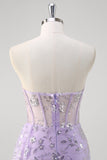 Sparkly Light Purple Corset Mermaid Strapless Prom Dress with Slit