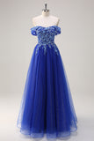 Glitter Royal Blue Off the Shoulder A Line Prom Dress with Beading