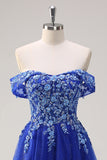 Glitter Royal Blue Off the Shoulder A Line Prom Dress with Beading